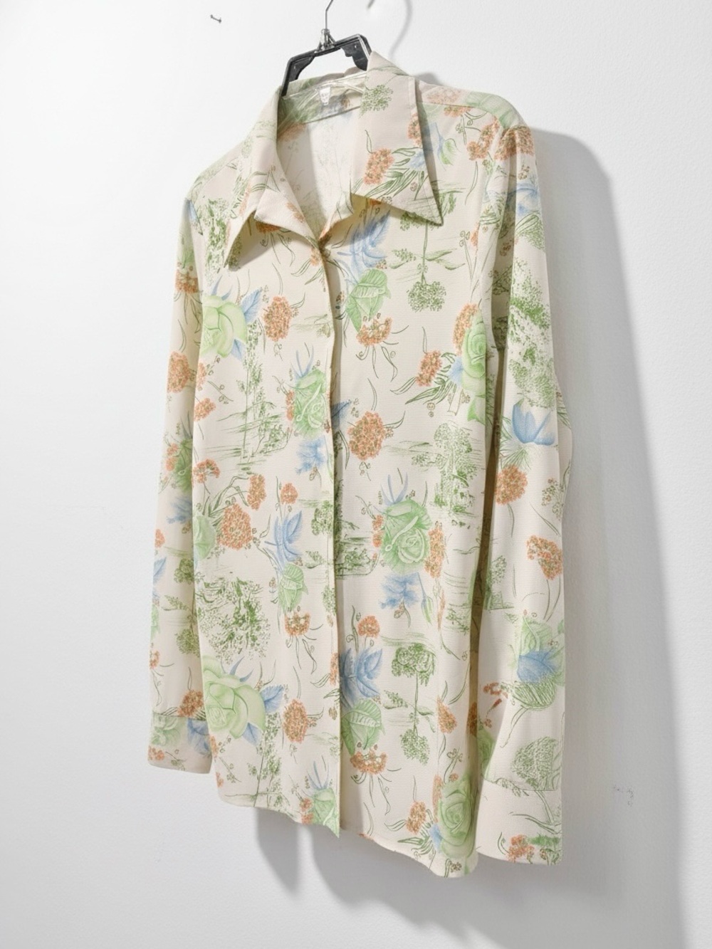 True 70s Vintage Floral Oversized Pointed Collar Polyester Long Sleeve Blouse - Picture 4 of 8